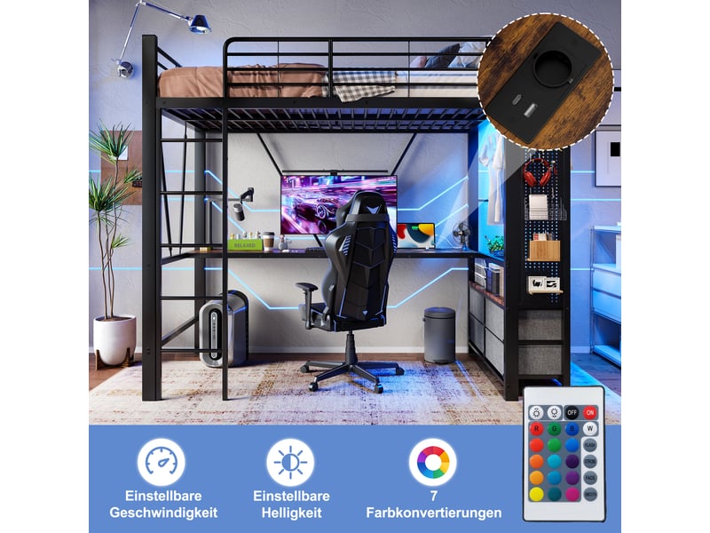  Lit mezzanine 90 x 200cm, structure métal, bureau, 4 tiroirs, étagères, led, usb type-c, sans matelas, noir  - Conforama E