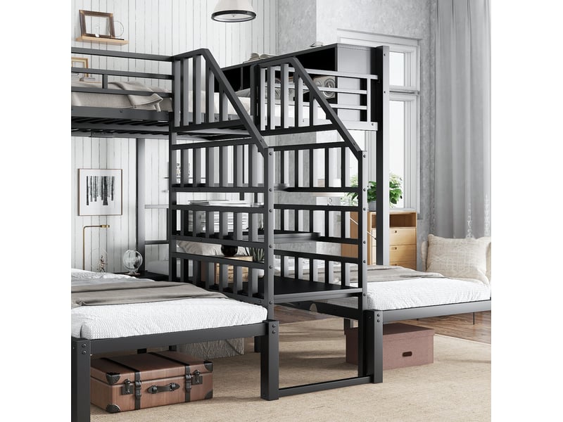 Lit superposé enfant 90x200 et 140x200 cm – noir – 3 couchages, rangement supérieur et escalier central - Conforama E