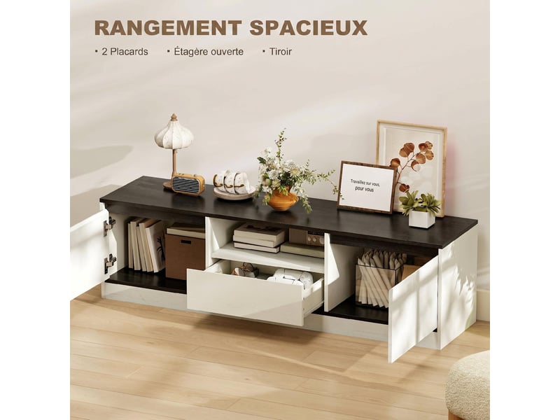  Meuble tv avec 2 portes, 1 tiroir et 1 étagère ouverte 140 x 35 x 40 cm noir et blanc  - Conforama D