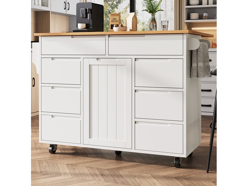  Îlot de cuisine mobile 122 cm, plateau rabattable, 8 tiroirs et roulettes, blanc  - Conforama D