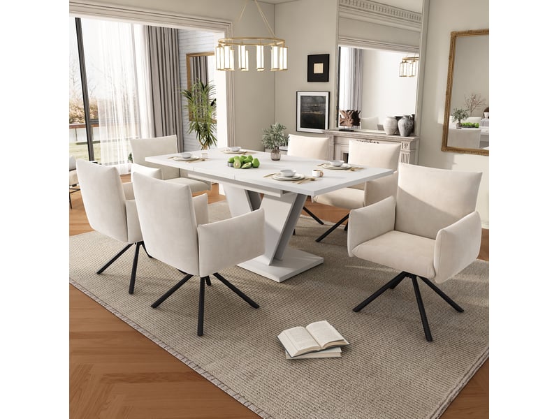  Lot de 7, ensemble repas extensible 120 à 160 x 80 cm, table blanche en mdf et 6 chaises beige pivotantes  - Conforama B