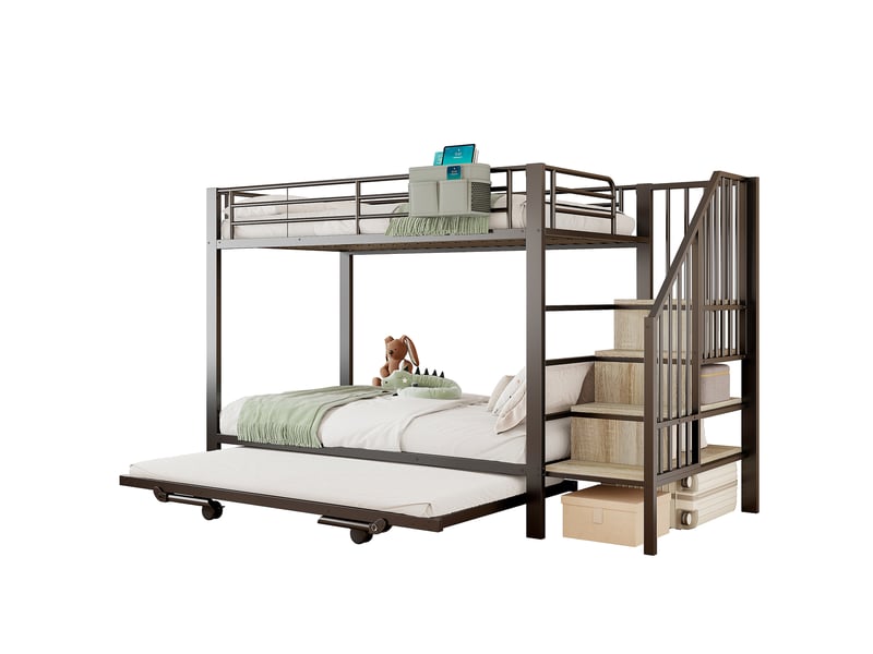  Lit superposé extensible avec escalier rangement et poche tissu, métal noir, 90x200180x200 cm  - Conforama E