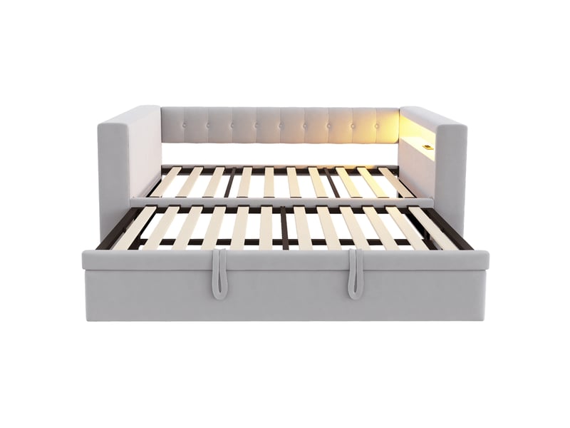 Lit gigogne 90-180x190 cm 2 en 1 avec led et charge, flanelle, gris clair, sans matelas - Conforama R