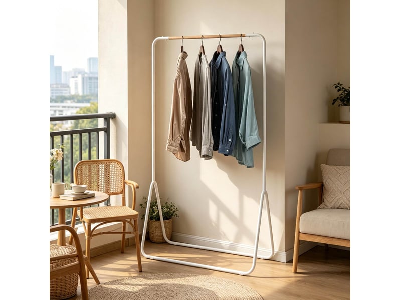  Portant à vêtements en métal blanc avec barre en bois, 80x45x145 cm  - Conforama C