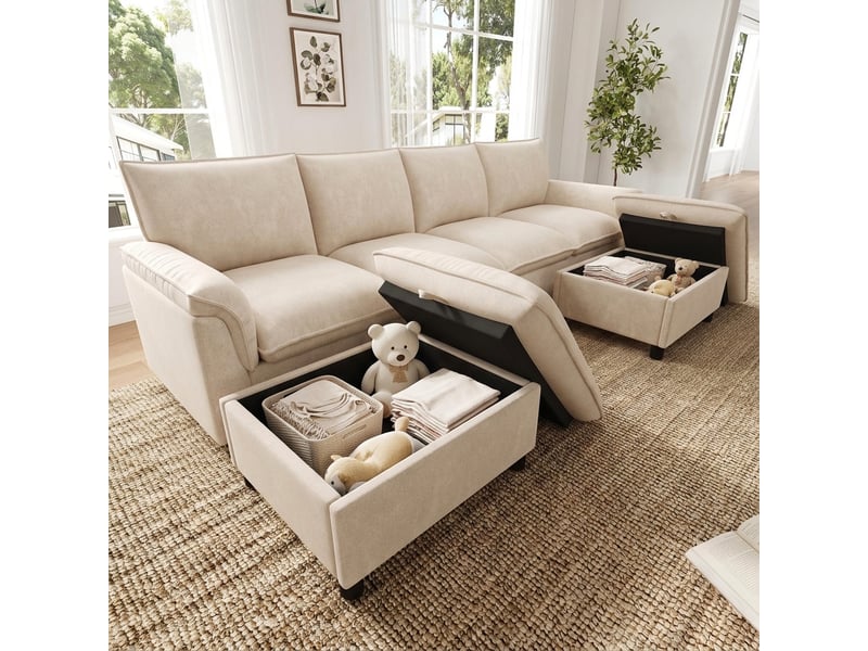  Canapé nuage modulable en u – tissu chenille – assise profonde – 2 poufs – 264 x 142 cm – beige  - Conforama B