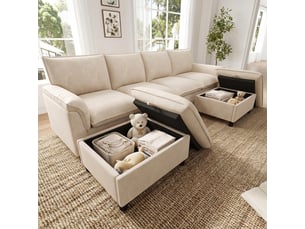 Canapé nuage modulable en u – tissu chenille – assise profonde – 2 poufs – 264 x 142 cm – beige