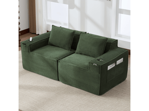 Canapé modulable 2 places 188x90x75 cm, canapé salon avec porte-gobelets et poches de rangement, assise mi-ferme avec ressorts, velours côtelé, vert