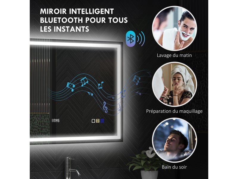 Miroir salle de bain led bluetooth 80 x 100 cm interrupteur tactile lumière réglable 3 couleurs anti-buée mémoire argent - Conforama E