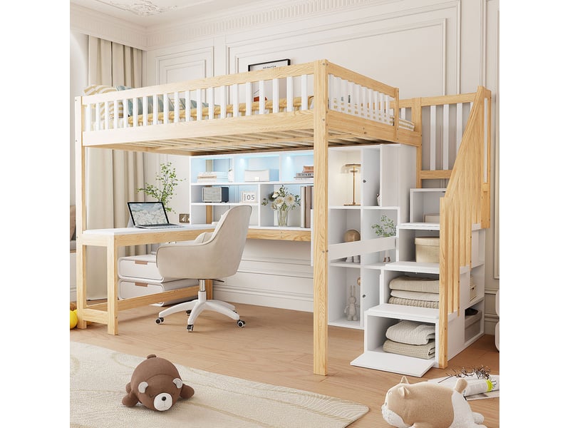  Lit mezzanine 140x200 cm avec bureau, escalier de rangement, led, bois de pin et mdf, blanc et naturel, sans matelas  - Conforama E