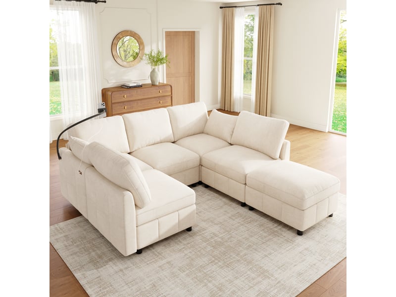  Canapé modulable convertible 6 places en chenille beige, 218 cm, usb-c et pouf IKSETERA TRADING LTD - Conforama R
