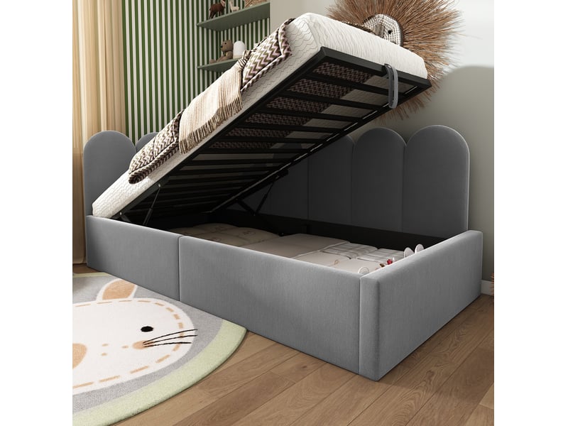  Lit banquette enfant 90x190 cm avec rangement hydraulique en velours gris  - Conforama C