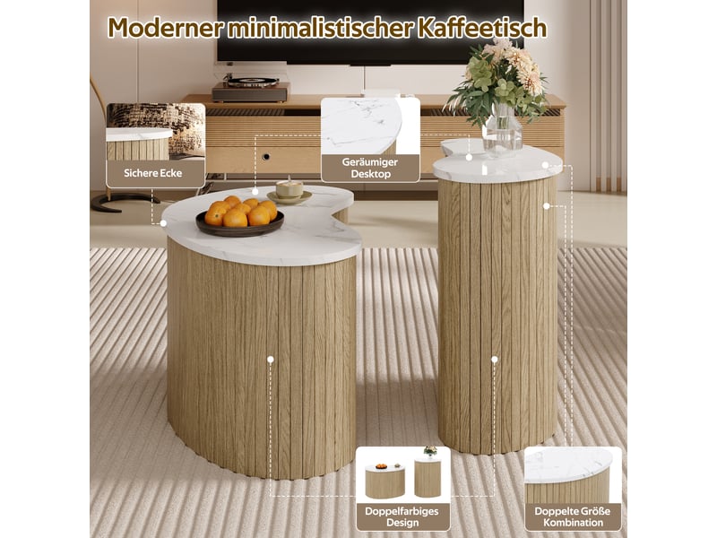  Lot de 2 tables basses en mdf, effet marbre et aspect bois, naturel et blanc  - Conforama W
