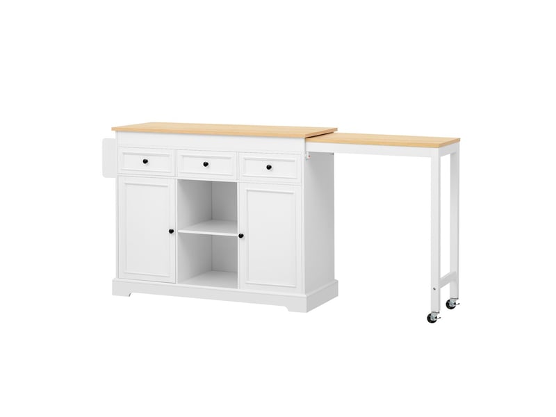 Îlot de cuisine meuble de cuisine à roulettes espace repas extensible étagère à épices tiroirs intégrés structure autoportante finition blanche - Conforama B