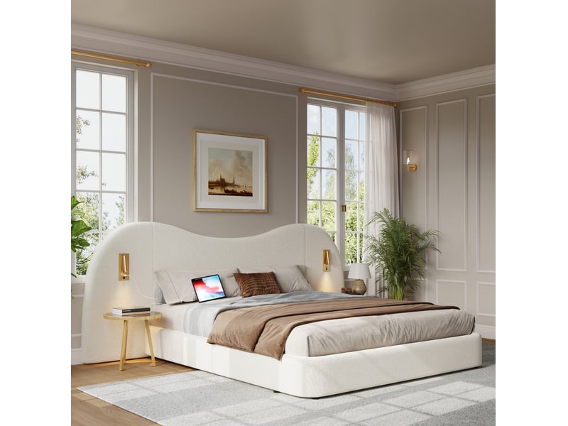  Lit coffre tcqpz double 180 x 200 cm avec éclairages de lecture usb sommier à lattes bouclé blanc  - Conforama C