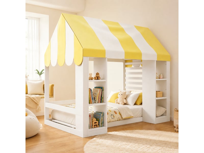  Lit cabane, 90x200 cm, sommier à lattes, toit, solutions de rangement ouverts, matelas non inclus, bois, coloris blanc  - Conforama B