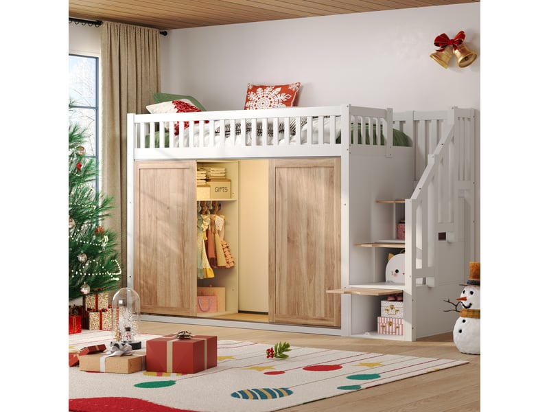  Lit mezzanine enfant 90x200, lit avec armoire et escalier, lit multifonction blanc et chêne en bois massif avec sommier inclus.  - Conforama W