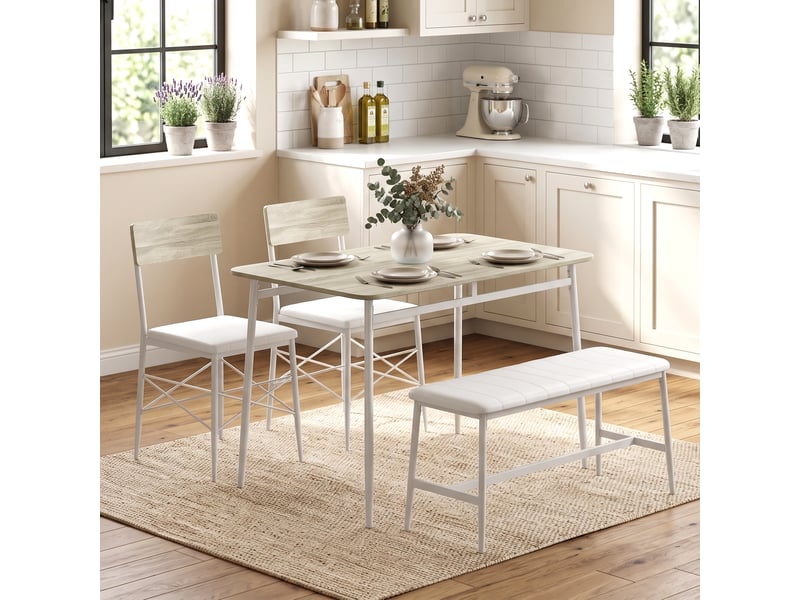  Ensemble table salle à manger avec 2 chaises et banc, assises rembourrées, pour salon, petit espace, chêne et blanc  - Conforama C