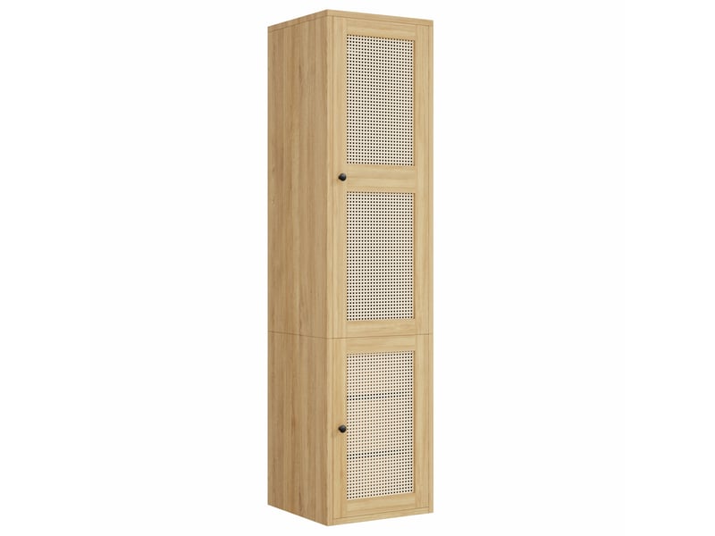  Armoire une porte 45x47x200 cm, penderie dressing étroit pour chambre et entrée, mdf style bohème rotin, avec tringle et 3 tiroirs, naturel  - Conforama A