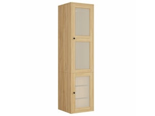 Armoire une porte 45x47x200 cm, penderie dressing étroit pour chambre et entrée, mdf style bohème rotin, avec tringle et 3 tiroirs, naturel
