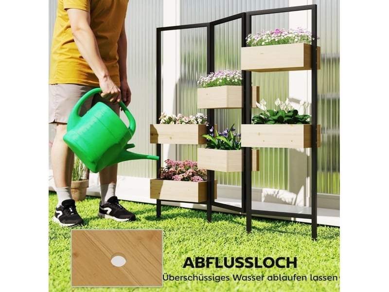 Jardinière avec paravent 116x20x112 cm – bois naturel et noir – 6 bacs pliables à drainage efficace - Conforama D