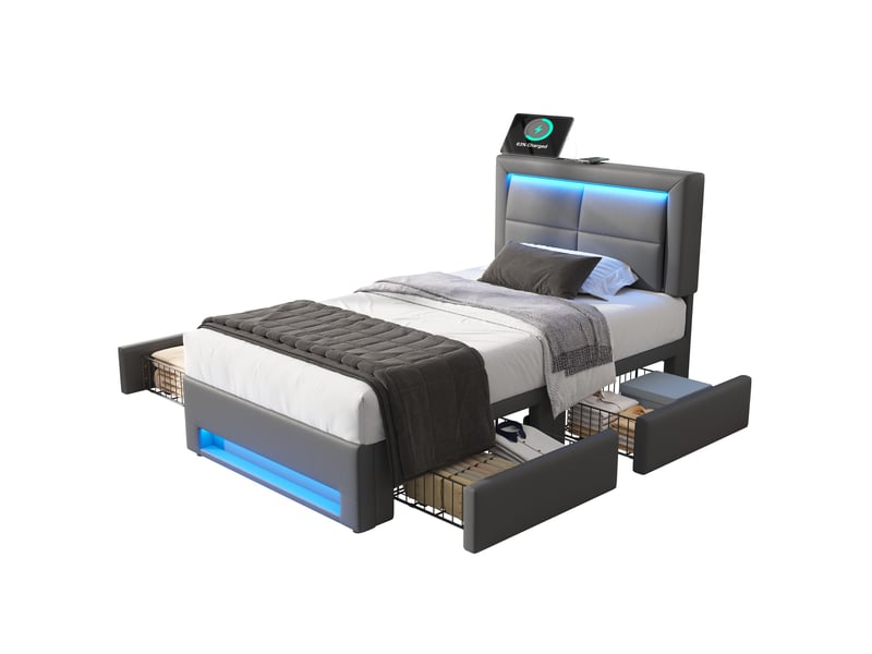  Lit capitonné 90x190 cm gris avec port usb, led et quatre tiroirs de rangement  - Conforama A