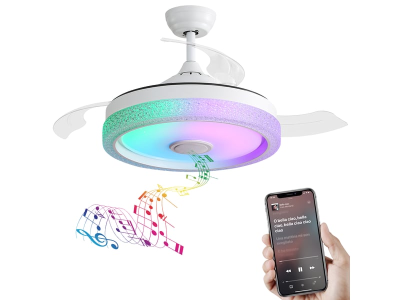  Ventilateur de plafond 106,6 cm blanc, led rgb intégrée, moteur dc réversible, télécommande et bluetooth  - Conforama A