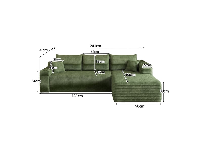 Canapé d'angle en l 241x151x58 cm,design nuage, prêt à l'emploi sans montage, velours côtelé, vert ABC - Conforama C