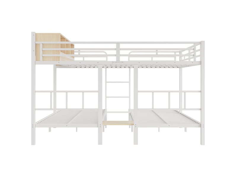  Lit superposé en métal blanc 140x20090x200 cm, lit superposé familial avec 3 couchages, étagère ouverte, range-chaussures et échelle pour chambre d'amis ou chambre d'adolescent.  - Conforama E