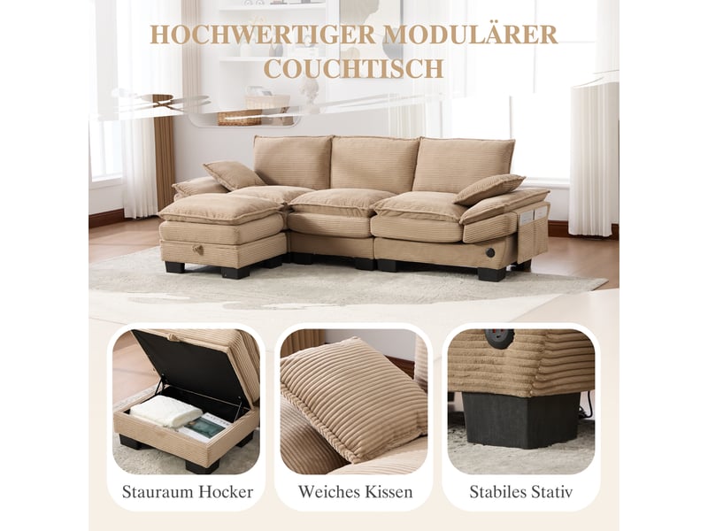  Canapé d'angle 3 places en velours côtelé kaki avec pouf et coffre intégré pour salon ou bureau  - Conforama D