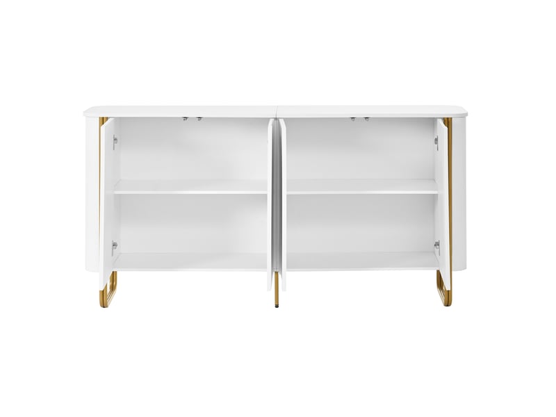  Buffet bas 4 portes en mdf blanc 160 cm, relief arqué, push-to-open et pieds en fer doré pour salon  - Conforama D