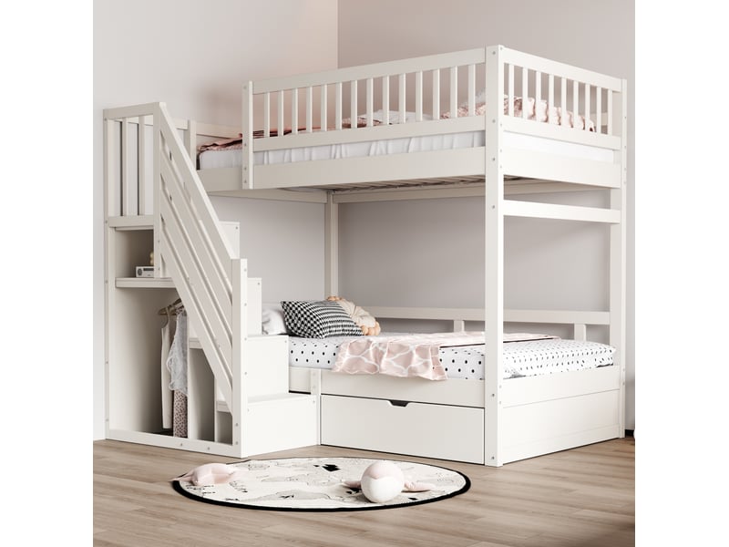  Lit superposé 90x200 cm, blanc, bois, doté de garde-corps haut, échelle de rangement et tiroirs, sans matelas  - Conforama B