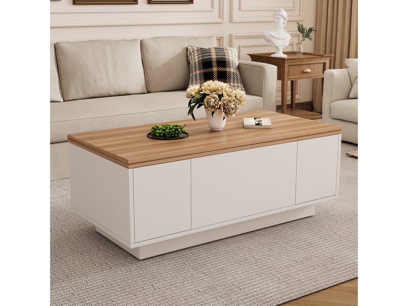  Table basse 100 x 50 cm à double plateau relevable, rangement caché, blanc et bois  - Conforama E