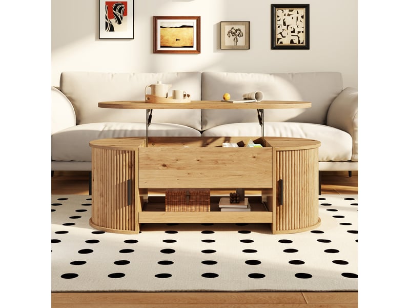  Table basse relevable en mdf 110 x 55 cm avec rangement caché, portes coulissantes et plateau extensible  - Conforama E