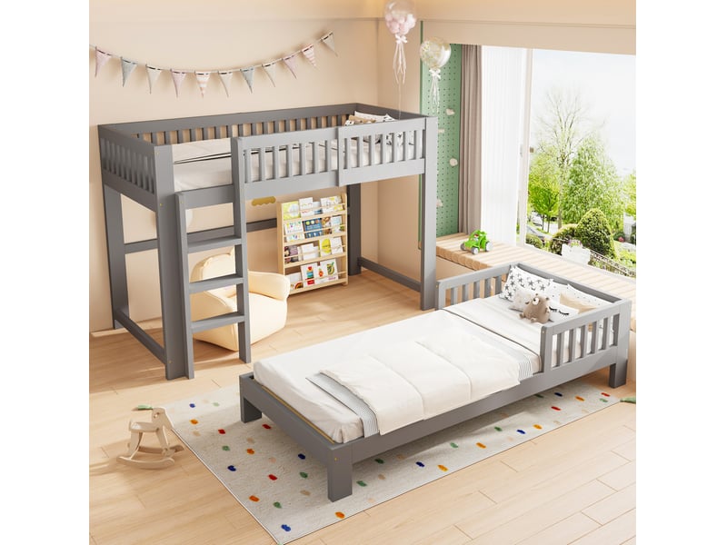  Lit mezzanine enfant 90x200 cm - gris - ensemble modulable avec lit simple et 2 couchages  - Conforama E