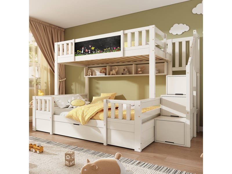 Lit superposé enfant 90x200 cm avec lit bas 140x200 cm, échelle rangement, tiroirs et tableau noir, barrière sécurité - blanc (sans matelas) - Conforama B