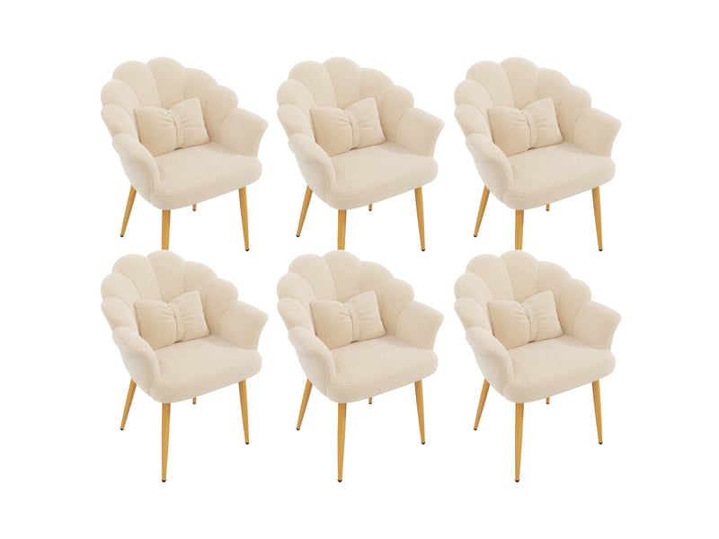  Lot de 6 fauteuils rembourrés avec accoudoirs et coussins pétale, pieds métalliques dorés en tissu bouclette beige  - Conforama A