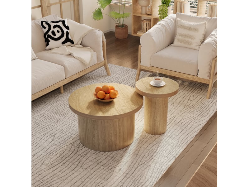  Tables basses gigognes rondes avec structure à lattes et design modulable pour salon, en mdf, couleur naturelle  - Conforama C
