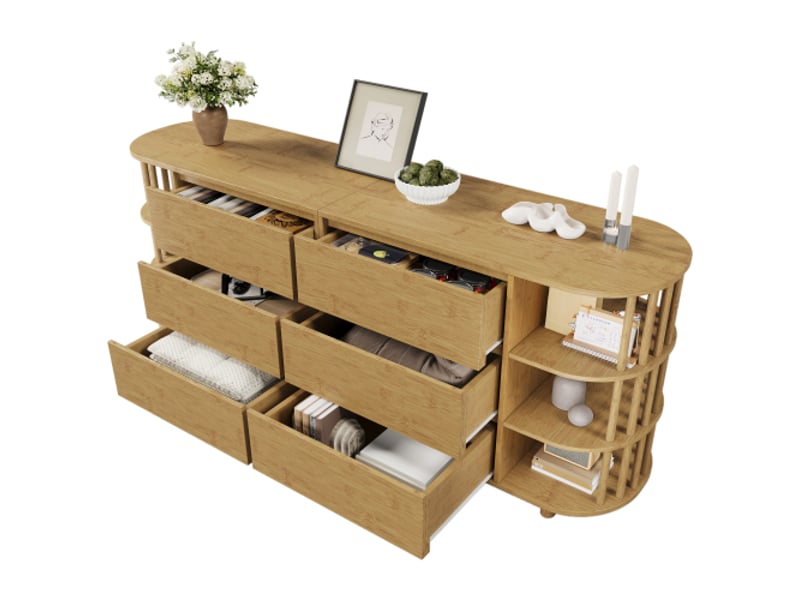  Commode bois clair avec colonnes et étagères en bambou, 6 tiroirs et étagères ouvertes  - Conforama A
