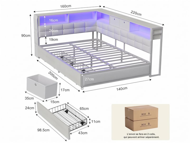  Lit 2 places 140 x 200 cm – lit adulte - éclairage led – ports usb –  2 tiroirs - sommier à lattes - espace de rangement sous le lit - lin beige  - Conforama C