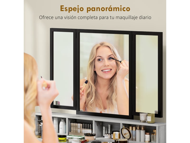  Coiffeuse avec miroir triptyque amovible, tabouret, 3 tiroirs en tissu, support pour sèche-cheveux, grise  - Conforama D