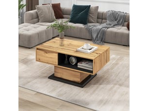 Table basse 100x60x47 cm avec tiroir sans poignée et rangements double face, panneaux de particules mélaminés, bois et anthracite
