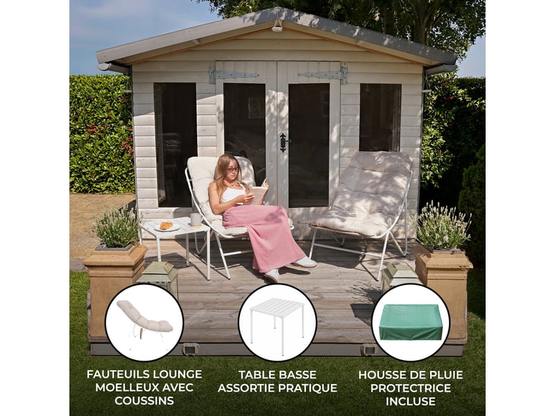Ensemble bistro de jardin crème 3 pièces, 2 fauteuils avec coussins épais, table basse, cadre en acier thermolaqué, mobilier extérieur terrasse 216742 - Conforama B