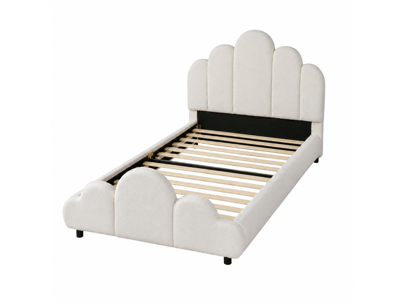  Lit capitonné, lit simple, lit enfant 90 x 200 cm, tête de lit capitonnée, angles arrondis, bouclé, beige  - Conforama E