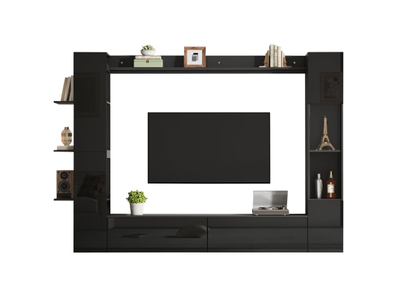  Ensemble de meuble tv mural noir 245x30x170 cm avec 2 portes abattantes, étagères et porte acrylique  - Conforama A