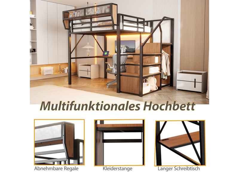  Lit mezzanine 140x200 cm avec bureau 2 m - rangement flexible - échelle de sécurité - led et prises - noir  - Conforama R