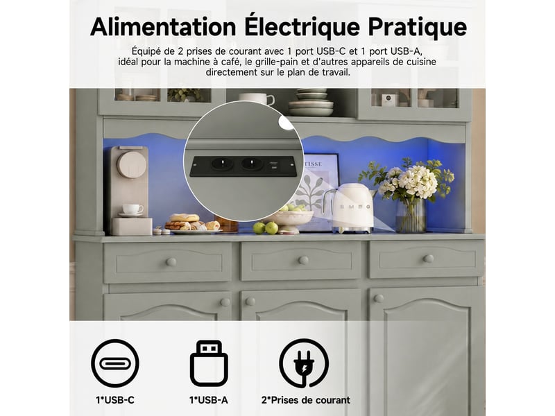  Buffet de cuisine gris-vert avec prises intégrées, 135 x 40 x 185 cm  - Conforama E