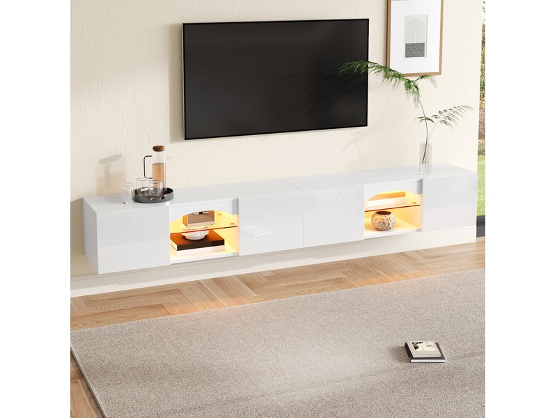 Meuble tv 200x30x28 cm blanc brillant avec led, 4 portes et 2 niches - Conforama E