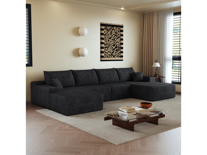  Canapé d'angle, canapé modulable, design moderne, 340 cm, pour salon, chambre, appartement, noir, livré monté, assise profonde  - Conforama W