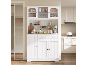 Buffet haut de cuisine blanc 103,5 x 40 x 180 cm avec portes vitrées, tiroir et étagères réglables, panneau perforé