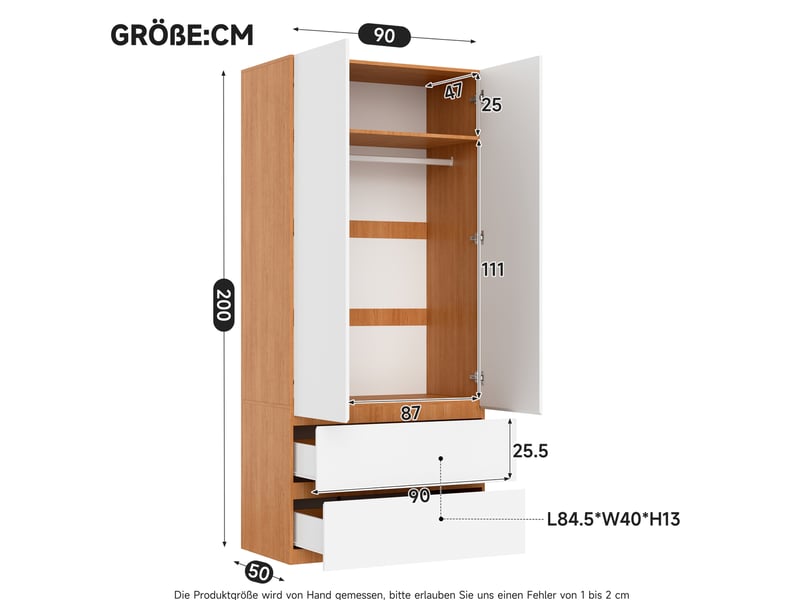  Armoire 90x50x200 cm avec 1 barre de penderie, 2 tiroirs et 2 portes, mdf et panneau de particules, blanc, chambre déco  - Conforama C